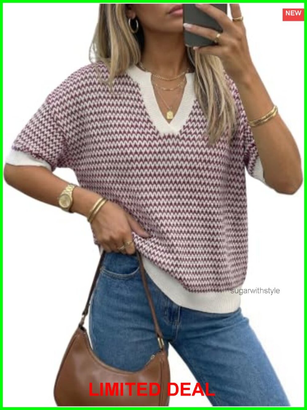 Striped Short Sleeve Sweater Pullover V-Neck Casual Workwear